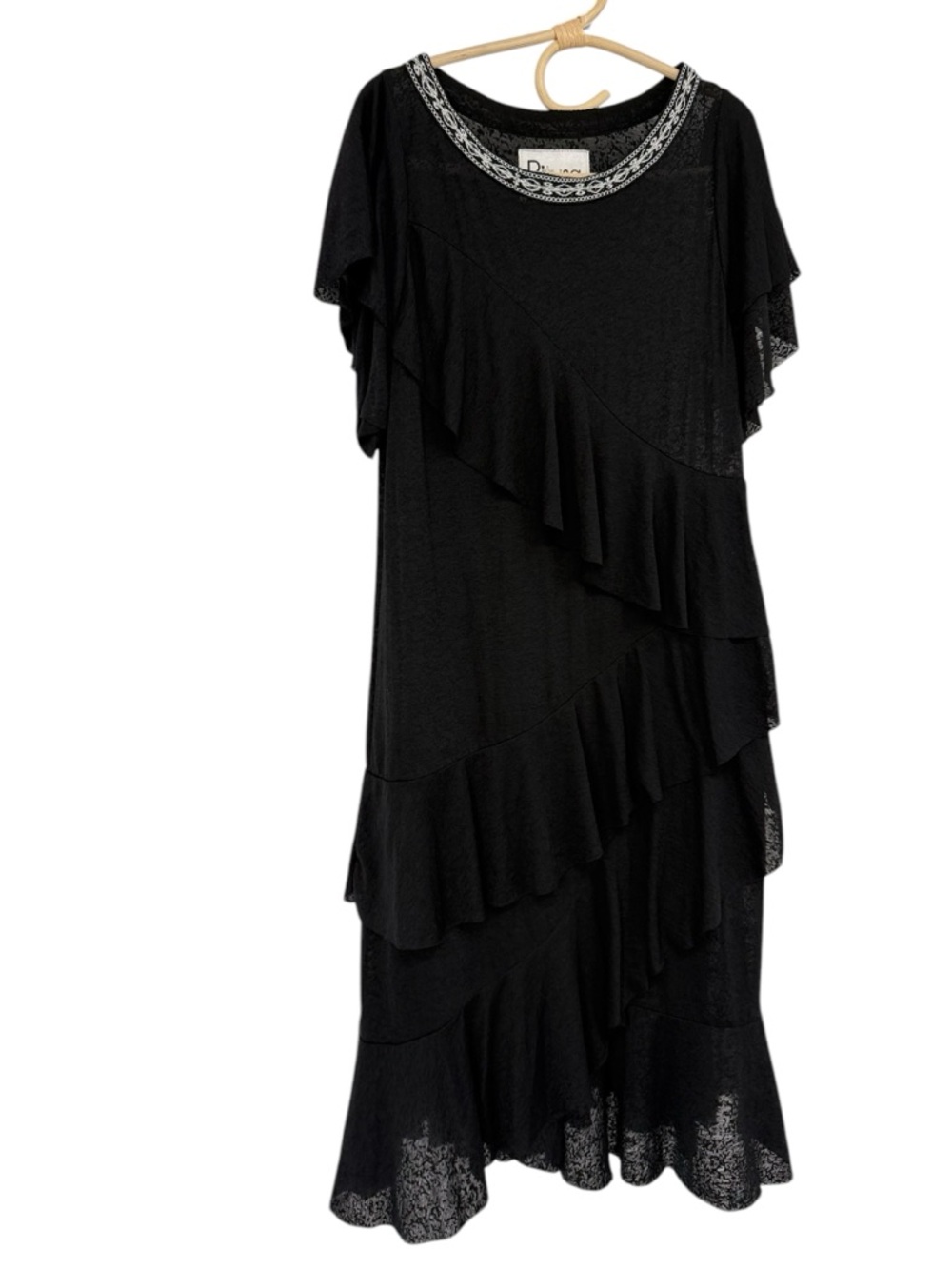 Pitusa Black Ruffle Dress Embroidered Neck Boho Tiered Sheer Peru Size S/M - Picture 6 of 16